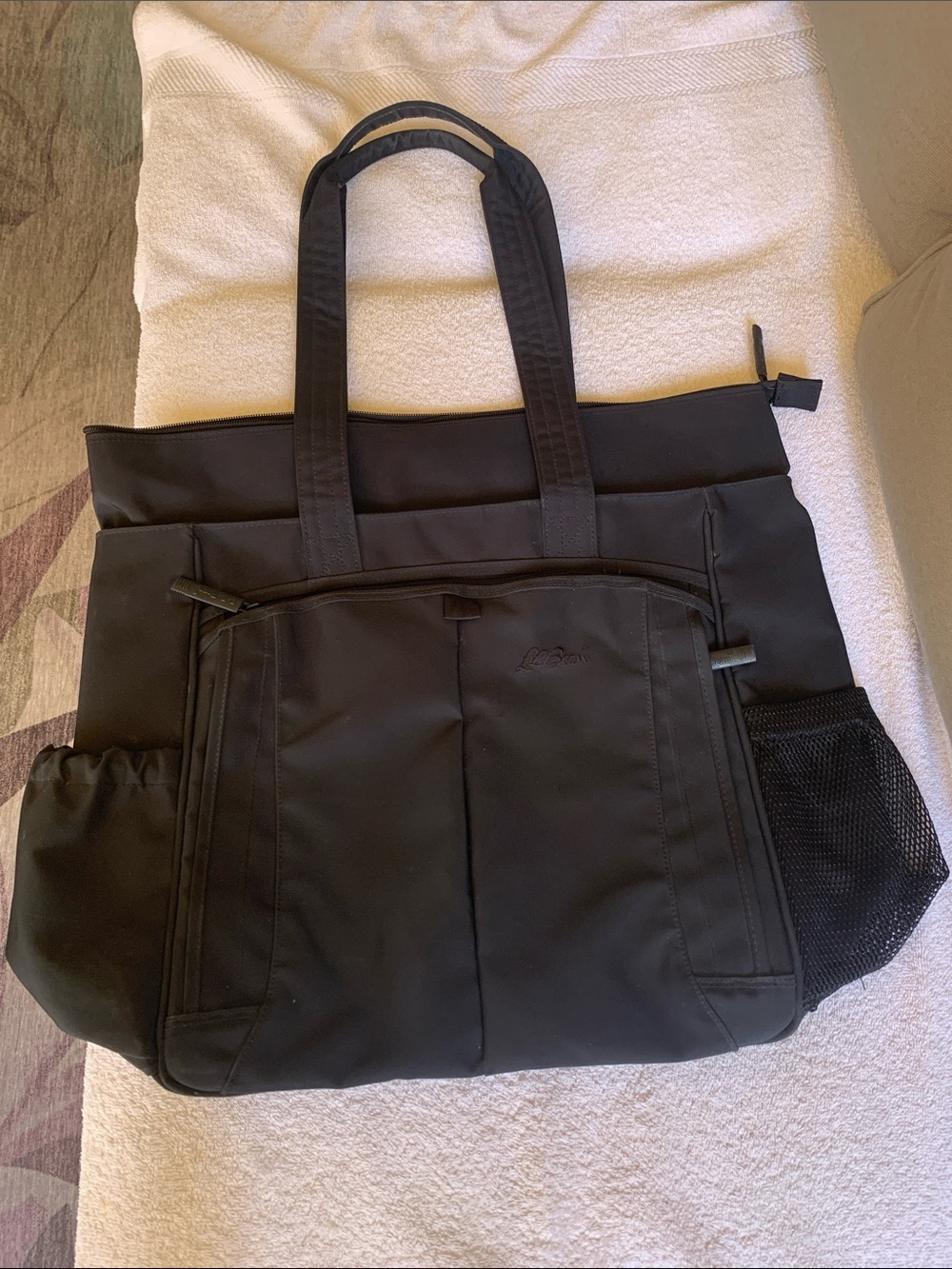 L.L. Bean Black Travel Tote with Front Zip Pocket and Mesh Bottle Holder